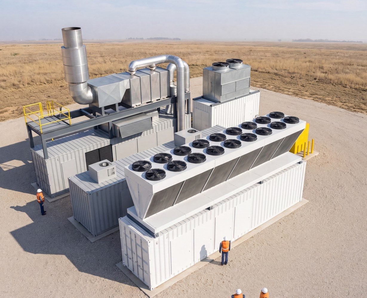 Power block with four containers, roof-mounted recuperator, dry cooler and cooling tower, conceptual 3D model