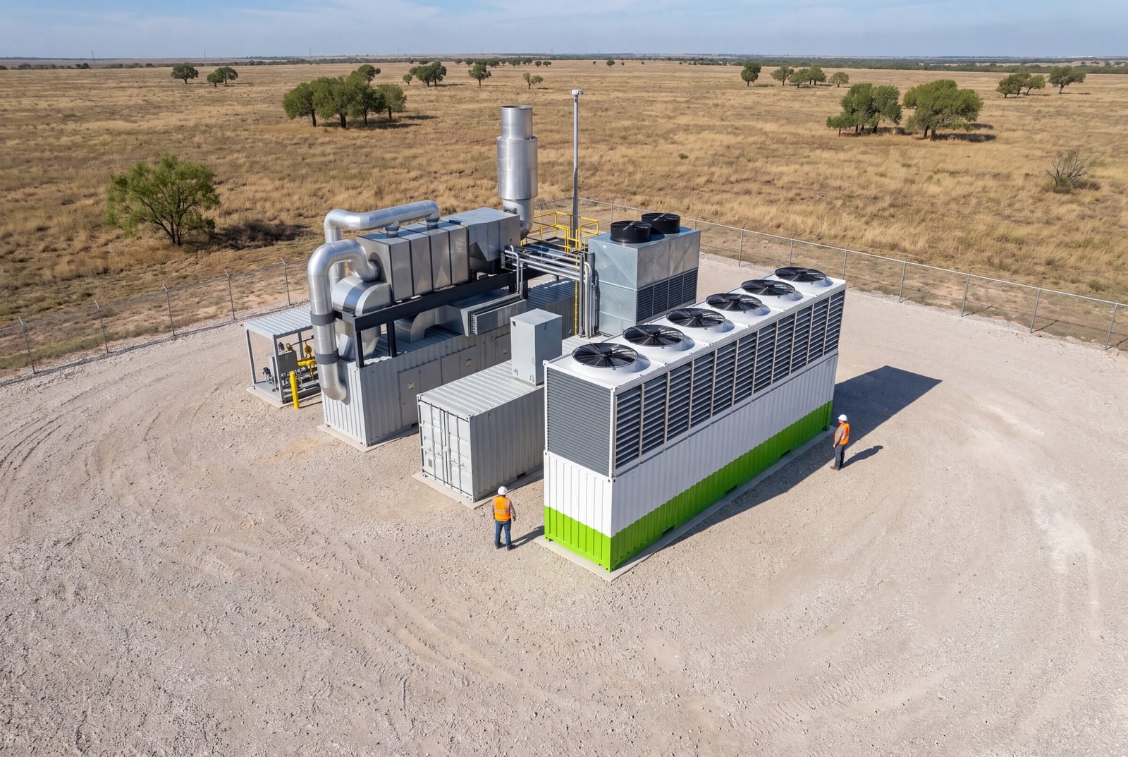 Power block beside an AI pod, seen from above, conceptual 3D model