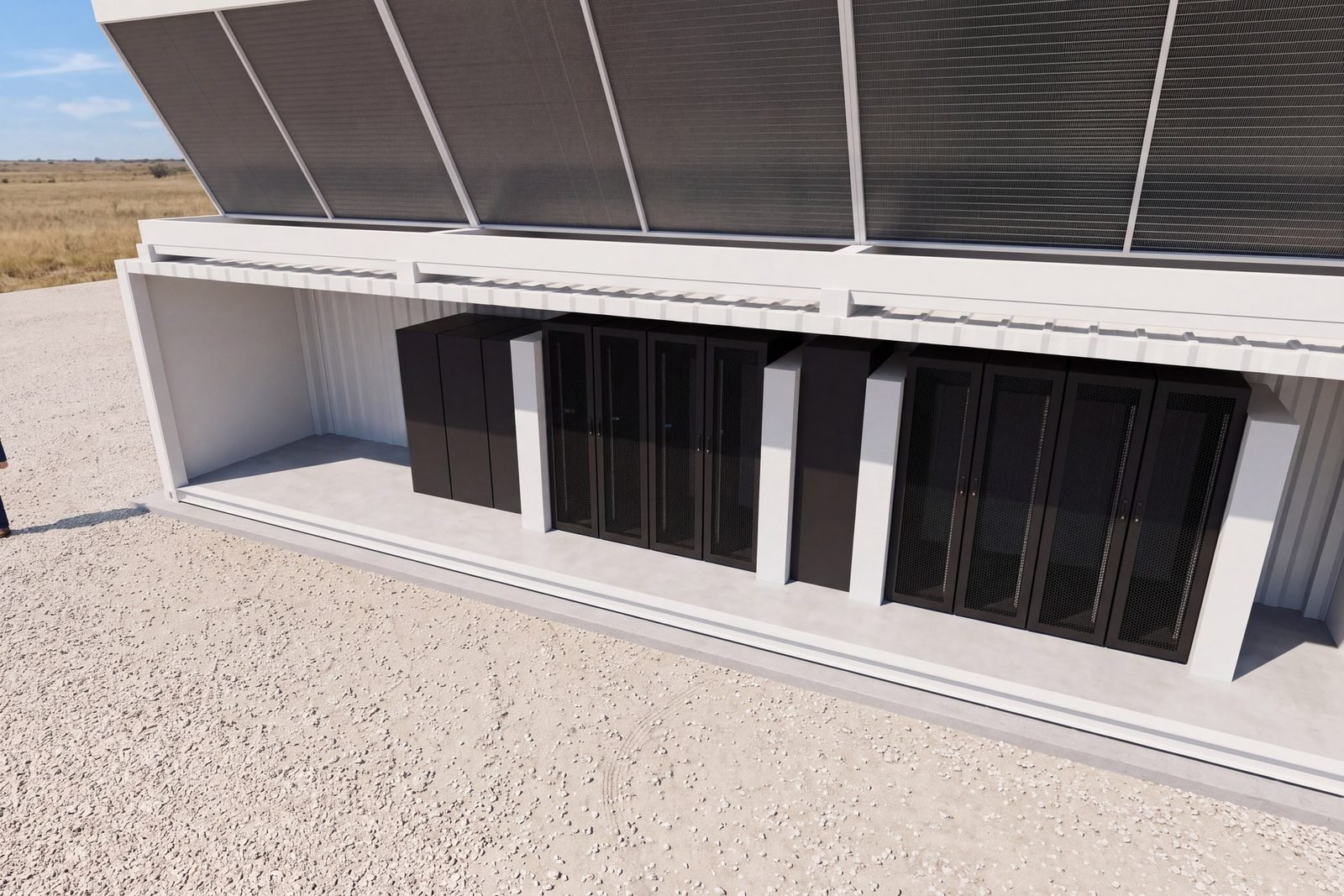 Compute container with its aisle wall removed, showing a row of racks under a V-type dry cooler, conceptual 3D model
