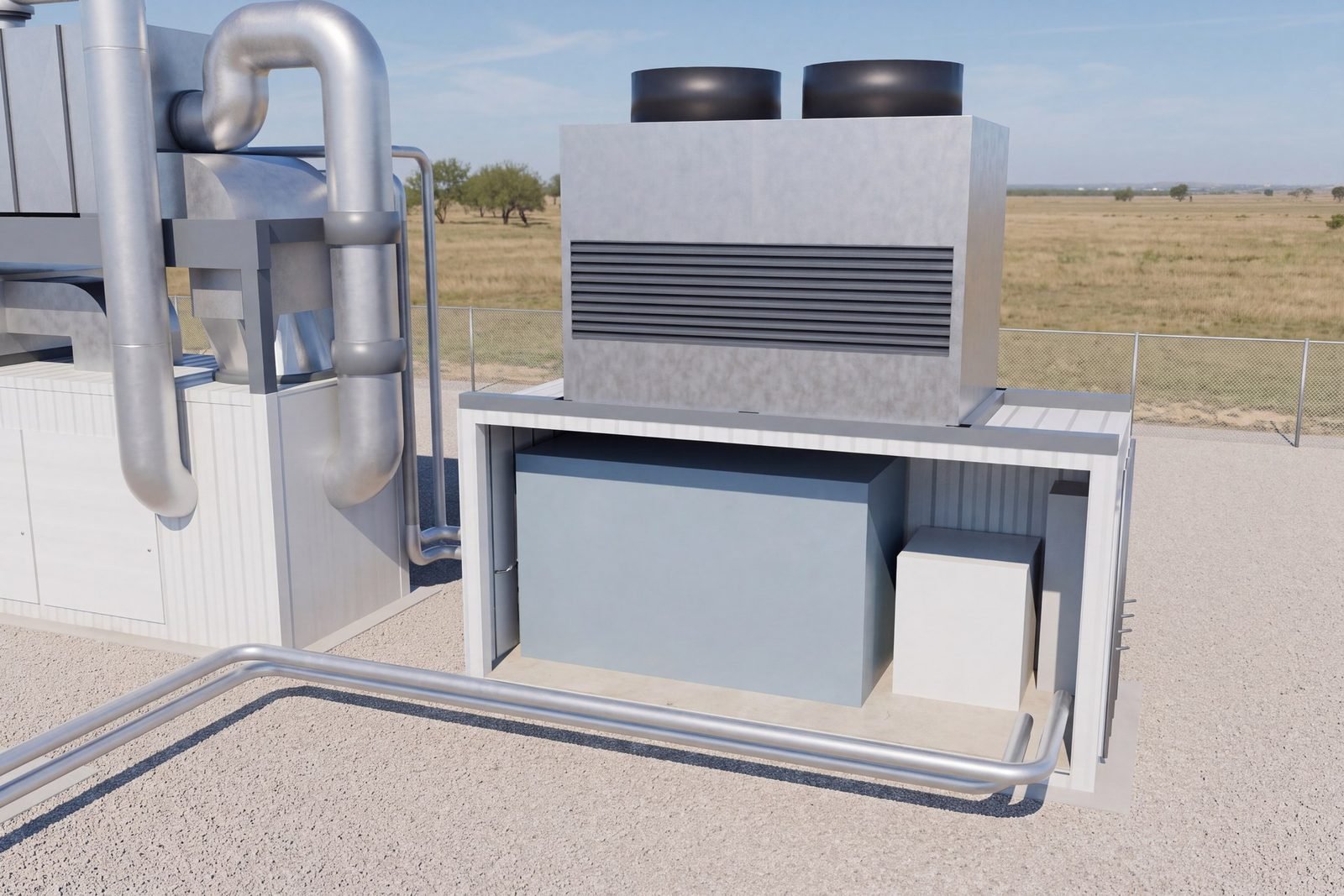Cooling container with its wall removed, showing the absorption chiller and pumps under a cooling tower, conceptual 3D model