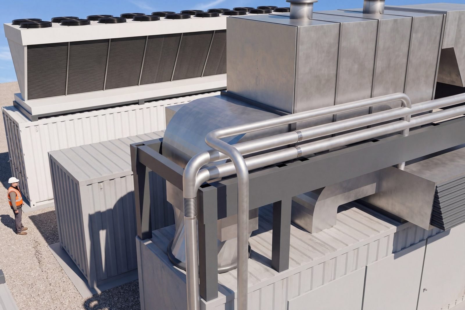 Exhaust duct rising from the power container into the recuperator on the roof skid, conceptual 3D model