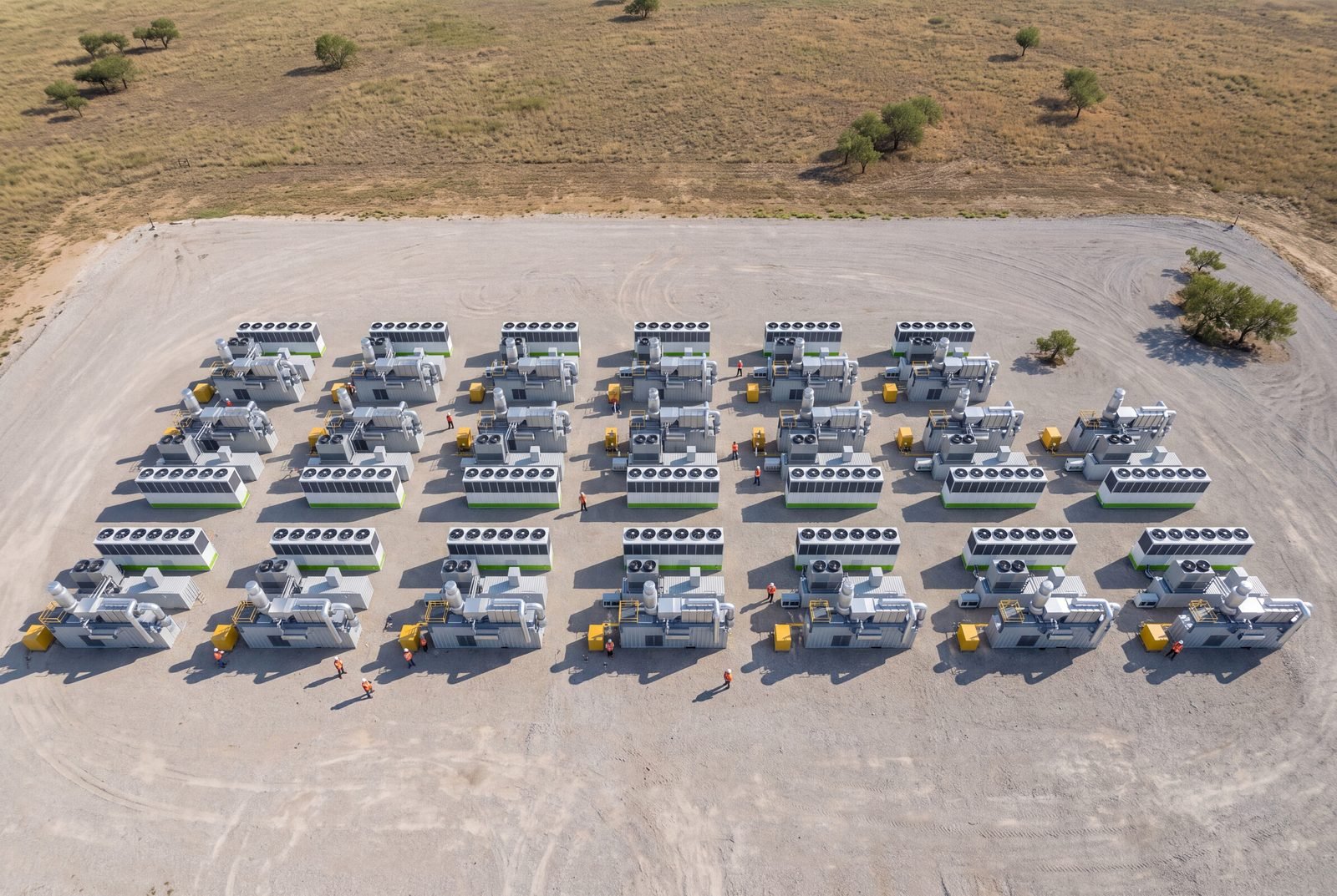 Site with rows of identical power blocks and AI pods, aerial view, conceptual 3D model