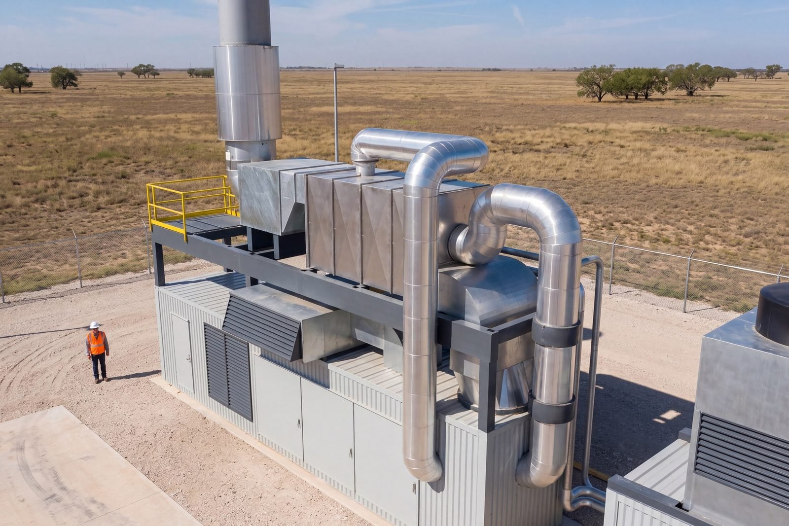 Power container with the recuperator skid and stack on its roof, conceptual 3D model