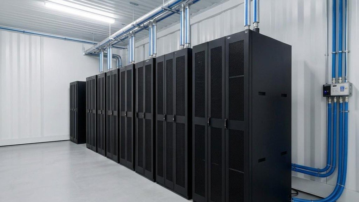 AI rack room with liquid cooling, illustrative image