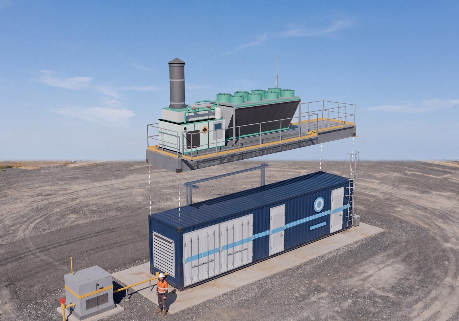 Exploded render showing the container and roof-mounted equipment assembly